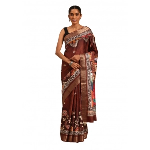 Generic Women's Cotton Printed Saree With Unstitched Blouse 5.5Mtr (Brown)