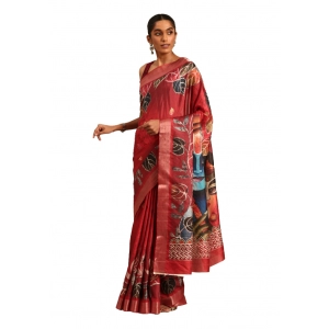 Generic Women's Cotton Printed Saree With Unstitched Blouse 5.5Mtr (Red)