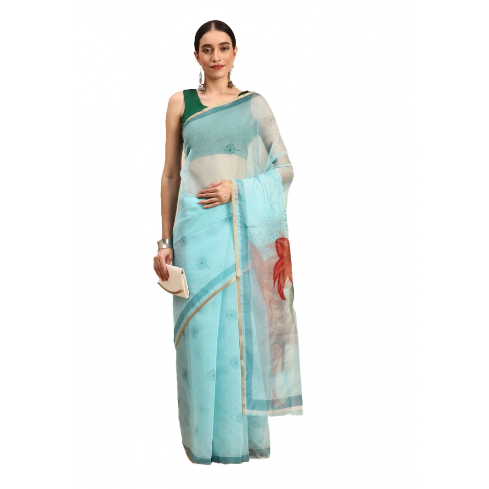 Generic Women's Organza Printed Saree With Unstitched Blouse 5.5Mtr (Sky Blue)