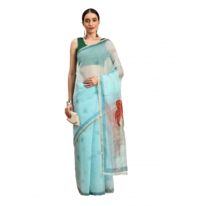 Generic Women's Organza Printed Saree With Unstitched Blouse 5.5Mtr (Sky Blue)