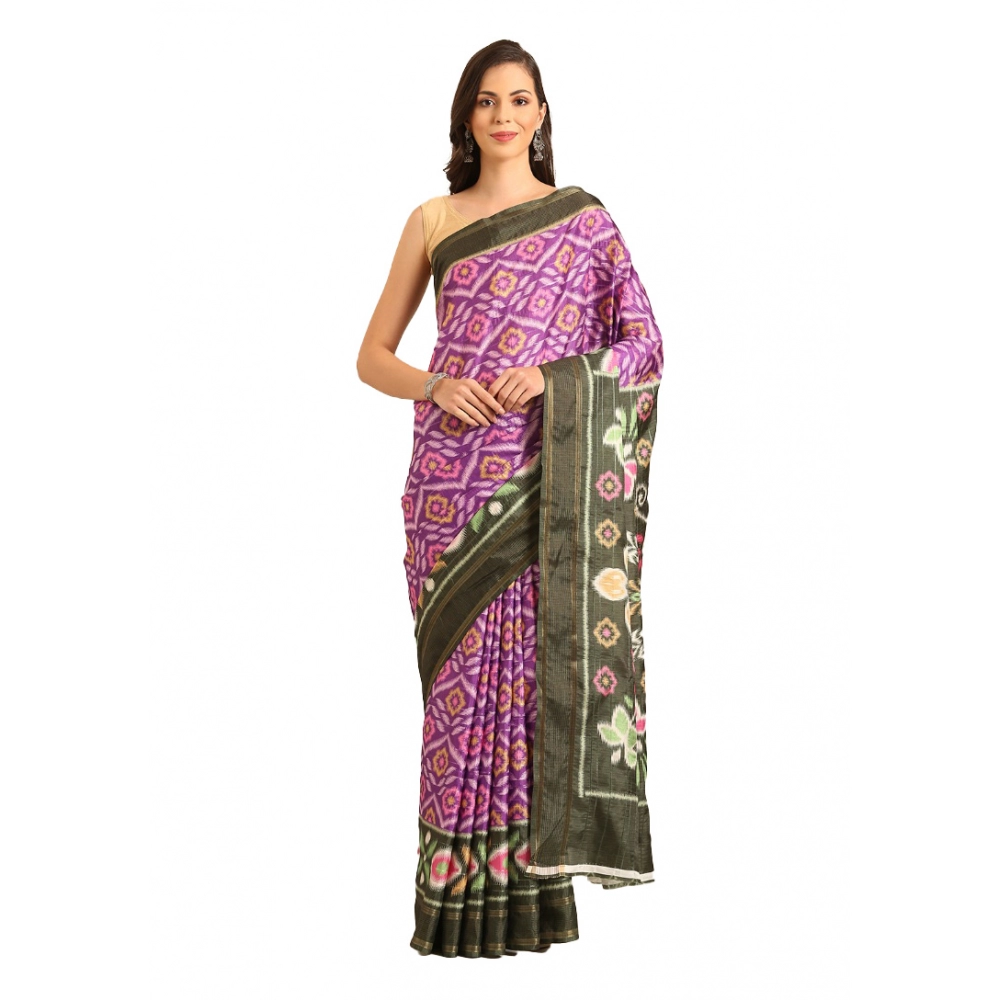 Generic Women's Cotton Printed Saree With Unstitched Blouse 5.5Mtr (Purple)