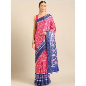 Generic Women's Cotton Printed Saree With Unstitched Blouse 5.5Mtr (Pink-Blue)