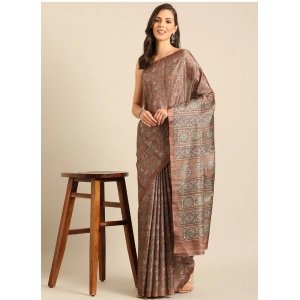 Generic Women's Cotton Printed Saree With Unstitched Blouse 5.5Mtr (Brown-Green)