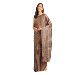 Generic Women's Cotton Printed Saree With Unstitched Blouse 5.5Mtr (Brown-Green)