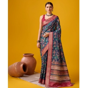 Generic Women's Cotton Printed Saree With Unstitched Blouse 5.5Mtr (Red-NavyBlue)