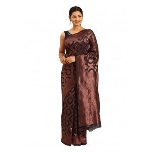 Generic Women's Cotton Woven Design Saree With Unstitched Blouse 5.5Mtr (Navy-Blue)