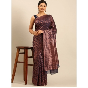 Generic Women's Cotton Woven Design Saree With Unstitched Blouse 5.5Mtr (Navy-Blue)