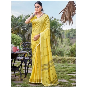 Generic Women's Cotton Printed Saree With Unstitched Blouse 5.5Mtr (Yellow)
