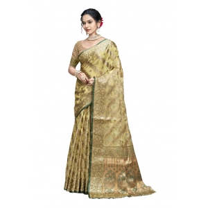 Generic Women's Organza Woven Design Saree With Unstitched Blouse 5.5Mtr (Light-Yellow)
