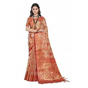 Generic Women's Organza Woven Design Saree With Unstitched Blouse 5.5Mtr (Brown)