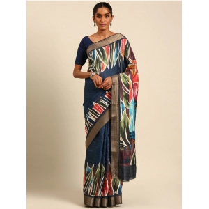 Generic Women's Cotton Printed Saree With Unstitched Blouse 5.5Mtr (Navy-Blue)