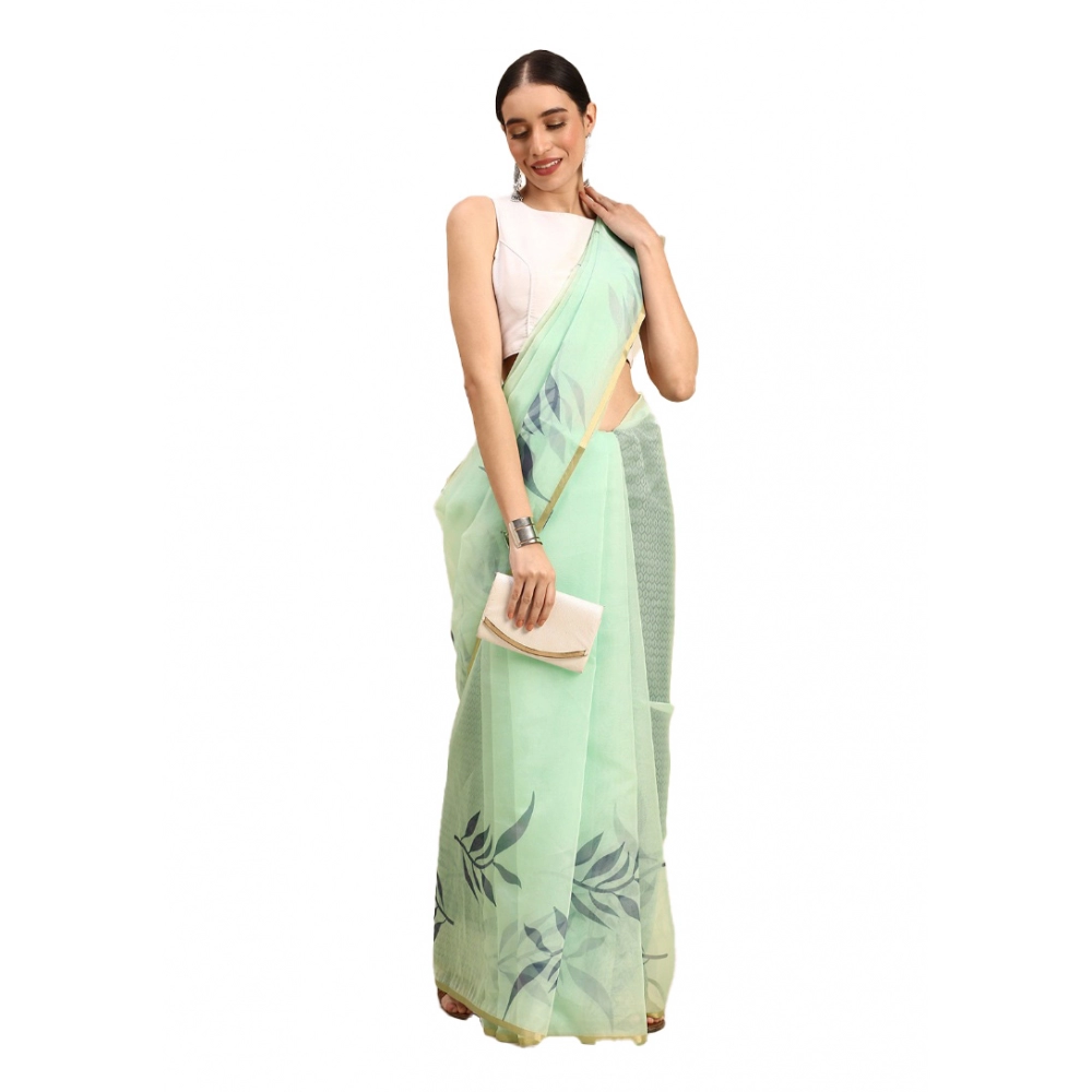 Generic Women's Organza Floral Print Saree With Unstitched Blouse 5.5Mtr (Sea Green)