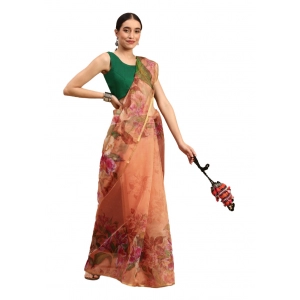 Generic Women's Organza Printed Saree With Unstitched Blouse 5.5Mtr (Peach)