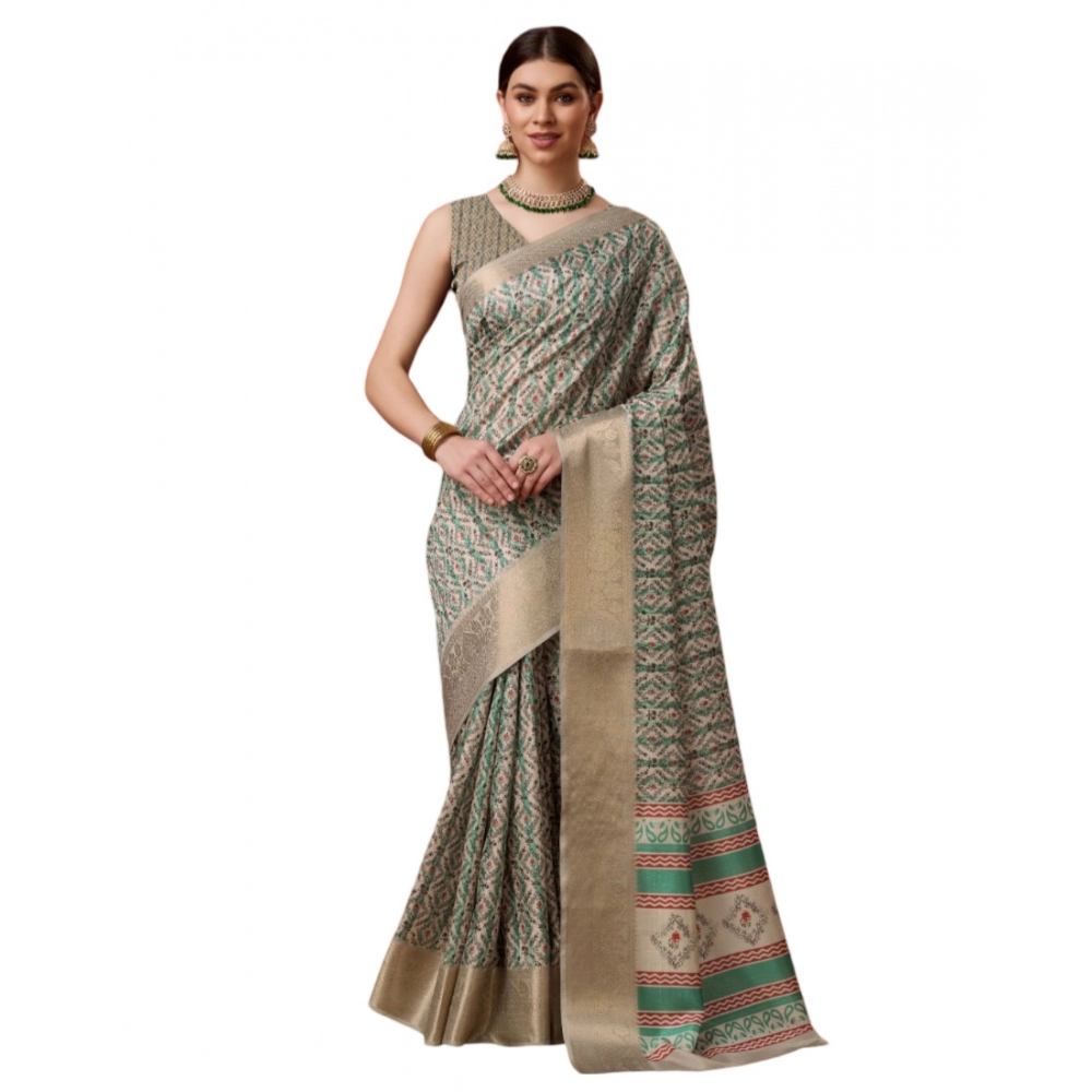Generic Women's Cotton Printed Saree With Unstitched Blouse 5.5Mtr (Turquoise)