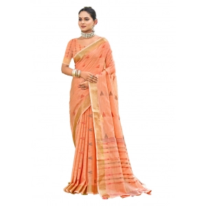 Generic Women's Cotton Printed Saree With Unstitched Blouse 5.5Mtr (Peach)