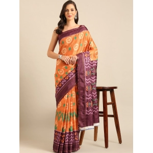 Generic Women's Cotton Printed Saree With Unstitched Blouse 5.5Mtr (Orange)