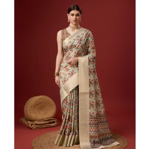 Generic Women's Cotton Printed Saree With Unstitched Blouse 5.5Mtr (White-Red)