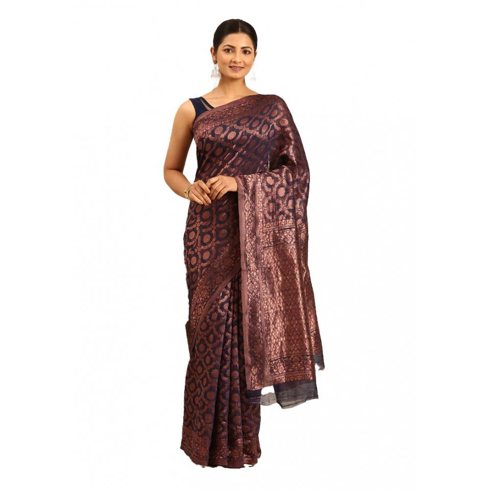 Generic Women's Cotton Woven Design Saree With Unstitched Blouse 5.5Mtr (Navy-Blue)