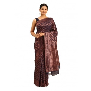 Generic Women's Cotton Woven Design Saree With Unstitched Blouse 5.5Mtr (Navy-Blue)