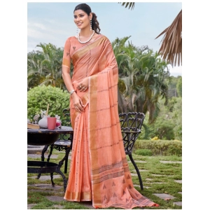 Generic Women's Cotton Printed Saree With Unstitched Blouse 5.5Mtr (Peach)