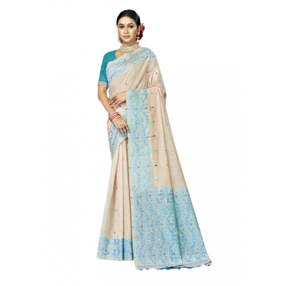 Generic Women's Cotton Woven Design Saree With Unstitched Blouse 5.5Mtr (SkyBlue)