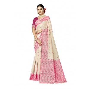 Generic Women's Cotton Woven Design Saree With Unstitched Blouse 5.5Mtr (Pink)