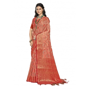 Generic Women's Organza Woven Design Saree With Unstitched Blouse 5.5Mtr (Peach)