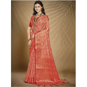 Generic Women's Organza Woven Design Saree With Unstitched Blouse 5.5Mtr (Peach)