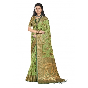 Generic Women's Organza Woven Design Saree With Unstitched Blouse 5.5Mtr (Green)