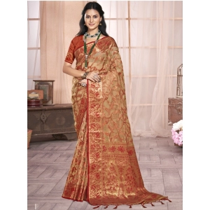 Generic Women's Organza Woven Design Saree With Unstitched Blouse 5.5Mtr (Beige)