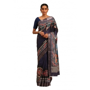 Generic Women's Cotton Printed Saree With Unstitched Blouse 5.5Mtr (Navy-Blue)