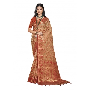 Generic Women's Organza Woven Design Saree With Unstitched Blouse 5.5Mtr (Beige)