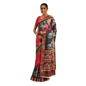 Generic Women's Cotton Printed Saree With Unstitched Blouse 5.5Mtr (Pink-Black)