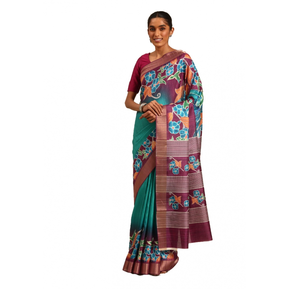 Generic Women's Cotton Printed Saree With Unstitched Blouse 5.5Mtr (Green)
