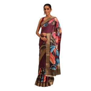 Generic Women's Cotton Printed Saree With Unstitched Blouse 5.5Mtr (Maroon)