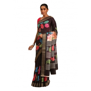 Generic Women's Cotton Printed Saree With Unstitched Blouse 5.5Mtr (Black)
