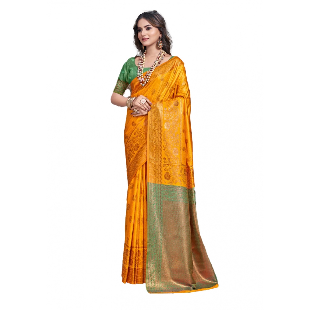 Generic Women's Silk Woven Design Saree With Unstitched Blouse 5.5Mtr (Yellow)