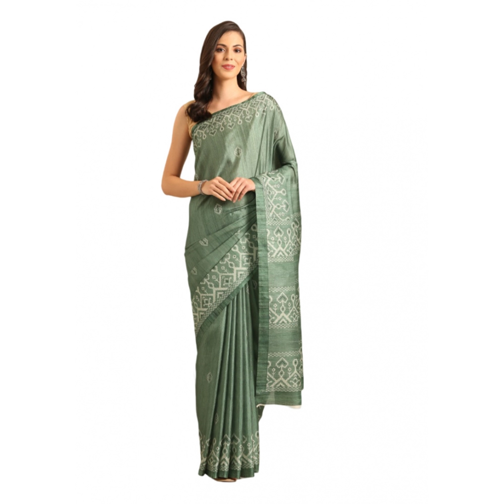 Generic Women's Cotton Printed Saree With Unstitched Blouse 5.5Mtr (Green)