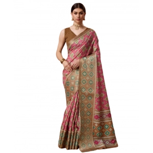 Generic Women's Cotton Printed Saree With Unstitched Blouse 5.5Mtr (Pink)