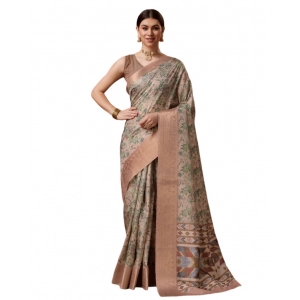 Generic Women's Cotton Printed Saree With Unstitched Blouse 5.5Mtr (Peach)