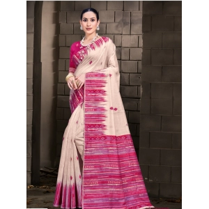 Generic Women's Cotton Printed Saree With Unstitched Blouse 5.5Mtr (Cream-Darkpink)