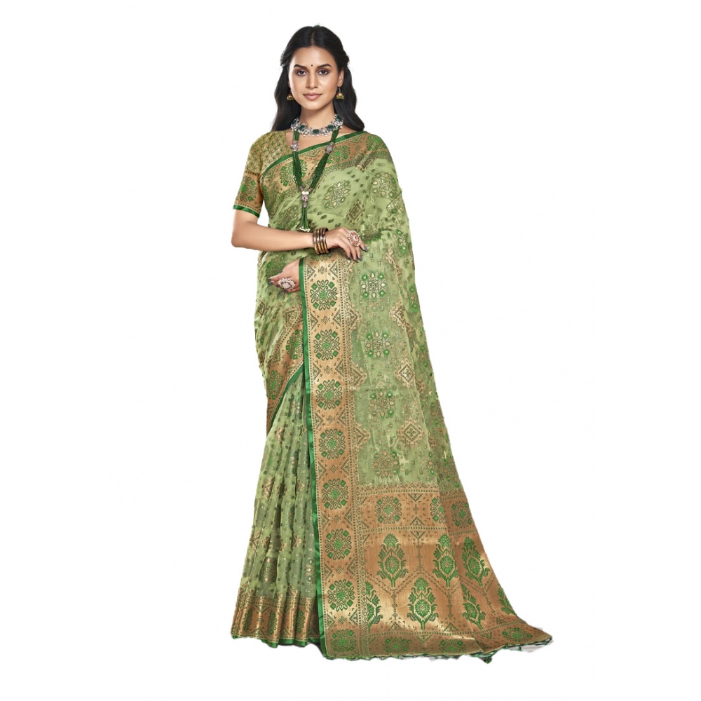 Generic Women's Organza Woven Design Saree With Unstitched Blouse 5.5Mtr (Green)