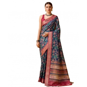 Generic Women's Cotton Printed Saree With Unstitched Blouse 5.5Mtr (Red-NavyBlue)