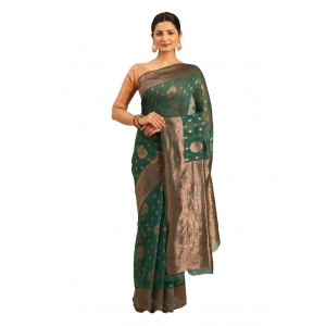 Generic Women's Cotton Woven Design Saree With Unstitched Blouse 5.5Mtr (Green)