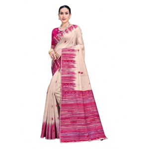 Generic Women's Cotton Printed Saree With Unstitched Blouse 5.5Mtr (Cream-Darkpink)