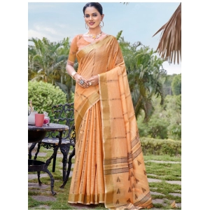 Generic Women's Cotton Printed Saree With Unstitched Blouse 5.5Mtr (Orange)