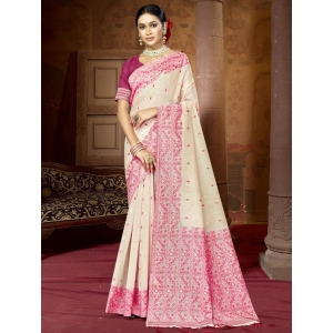 Generic Women's Cotton Woven Design Saree With Unstitched Blouse 5.5Mtr (Pink)