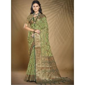 Generic Women's Organza Woven Design Saree With Unstitched Blouse 5.5Mtr (Green)