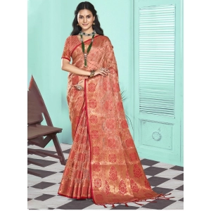 Generic Women's Organza Woven Design Saree With Unstitched Blouse 5.5Mtr (Peach)
