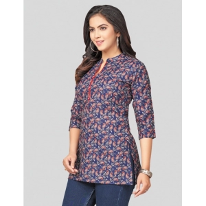 Generic Women's Cotton Blend Mandarin Collar 3/4 Sleeves Short Top (Blue)